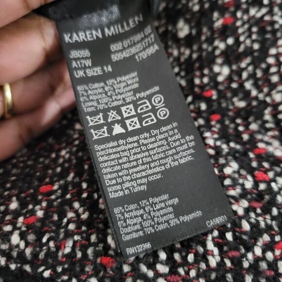 Karen Millen Tweed Jacket Lace Trim Suit Blazer Black Classic Textured Size 10 - Picture 14 of 15
